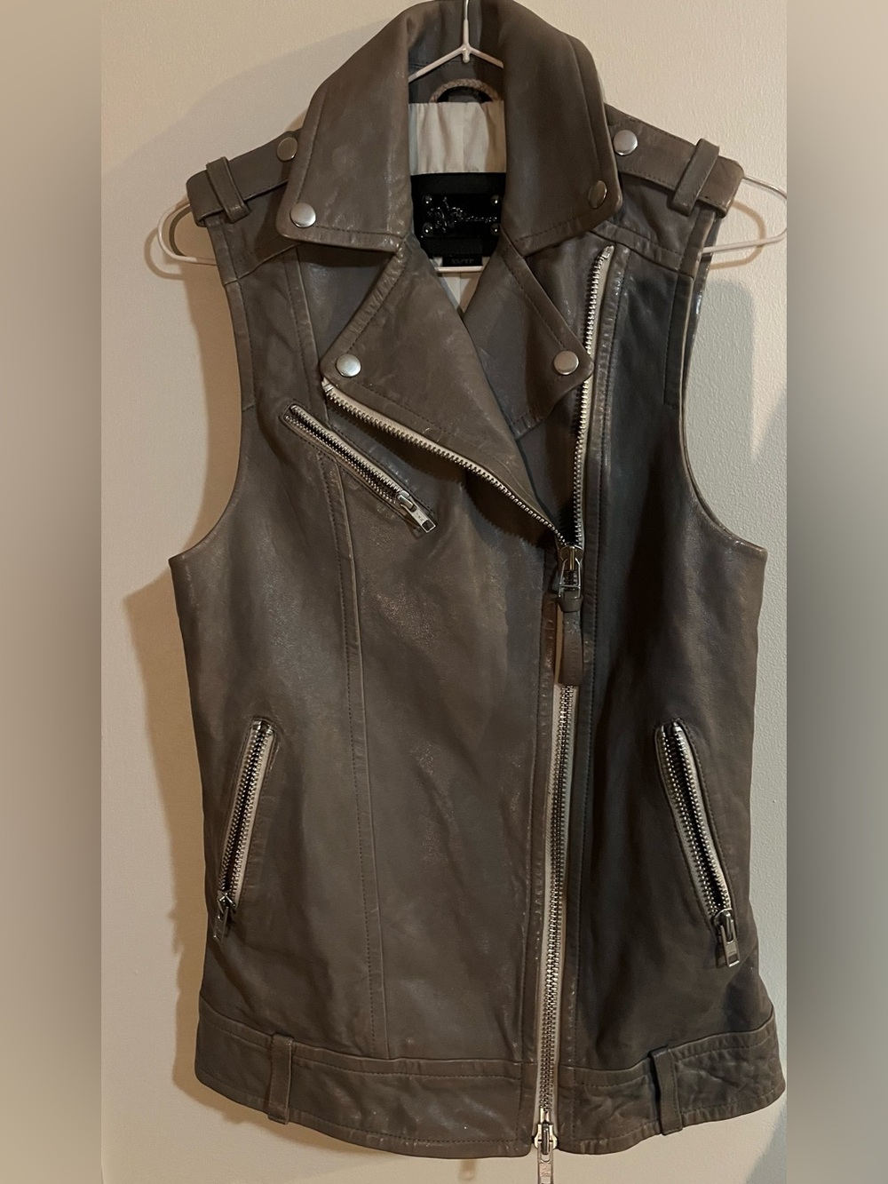 Mackage Grey Leather Sleeveless Moto Vest